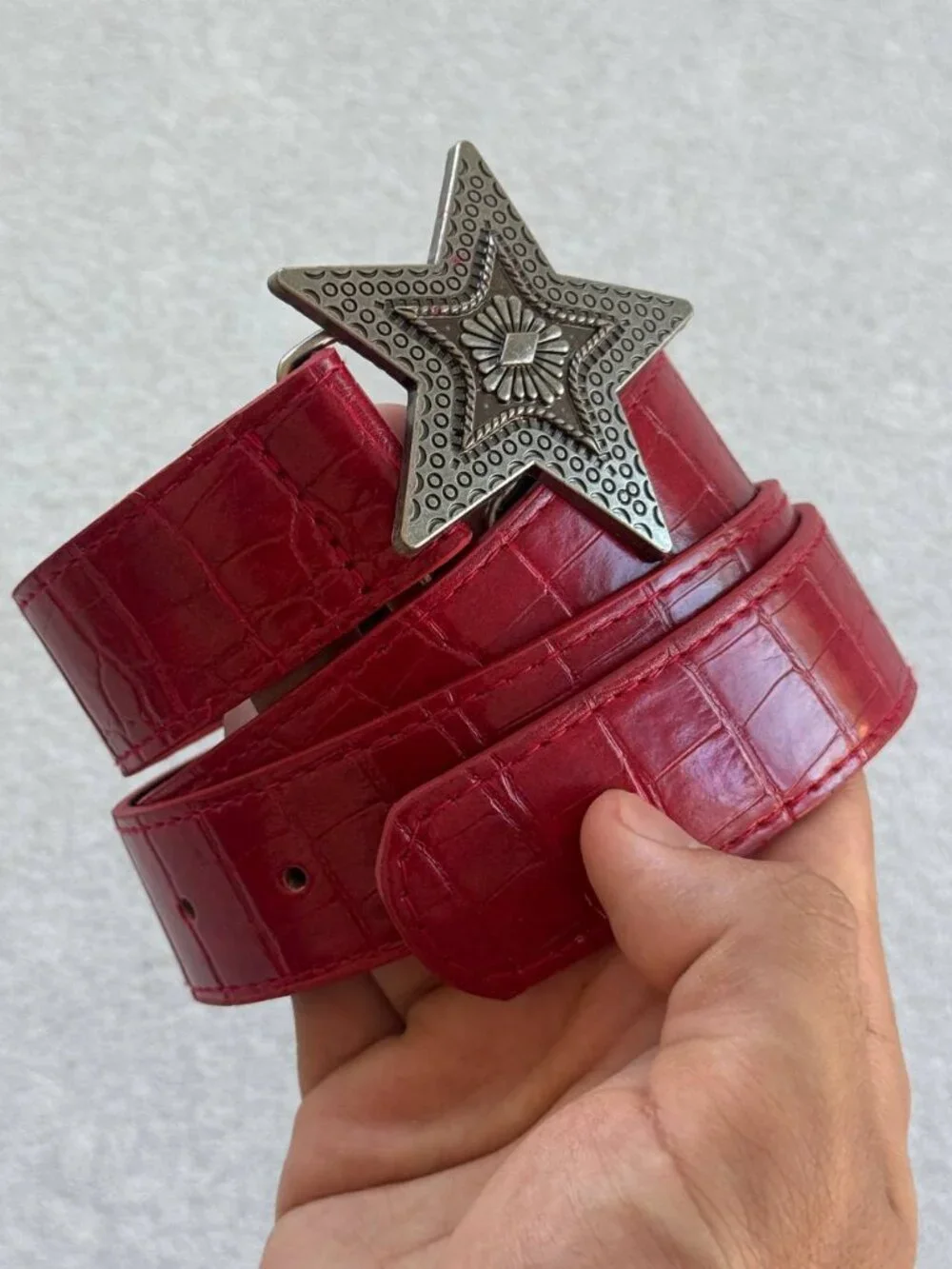 Red Faux Croc Western Star Buckle Belt